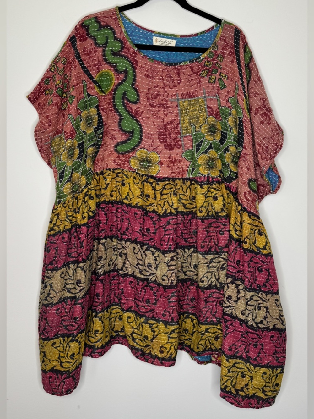 Kantha Bae Boho Floral Patchwork Tunic Top in Rose-Pink and Mustard